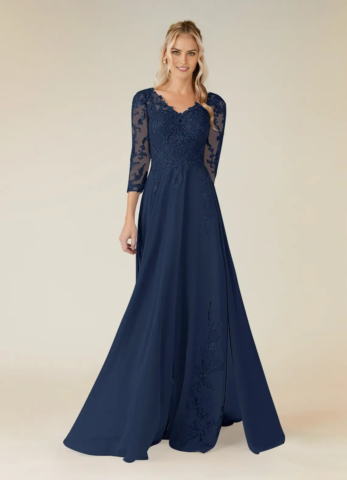 Elegant Dark Navy A-Line Lace V-Neck Three-Quarter Sleeve Illusion Back Zip  Floor-Length Mother of the Bride Dress hot sale