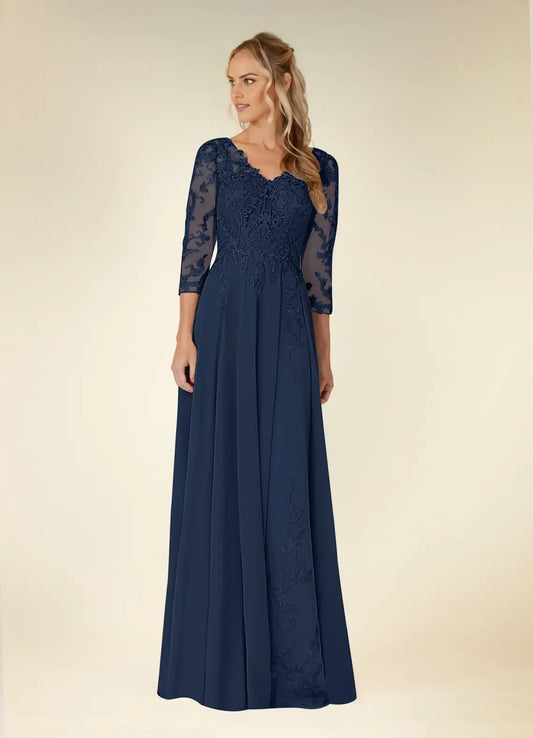 Elegant Dark Navy A-Line Lace V-Neck Three-Quarter Sleeve Illusion Back Zip  Floor-Length Mother of the Bride Dress hot sale