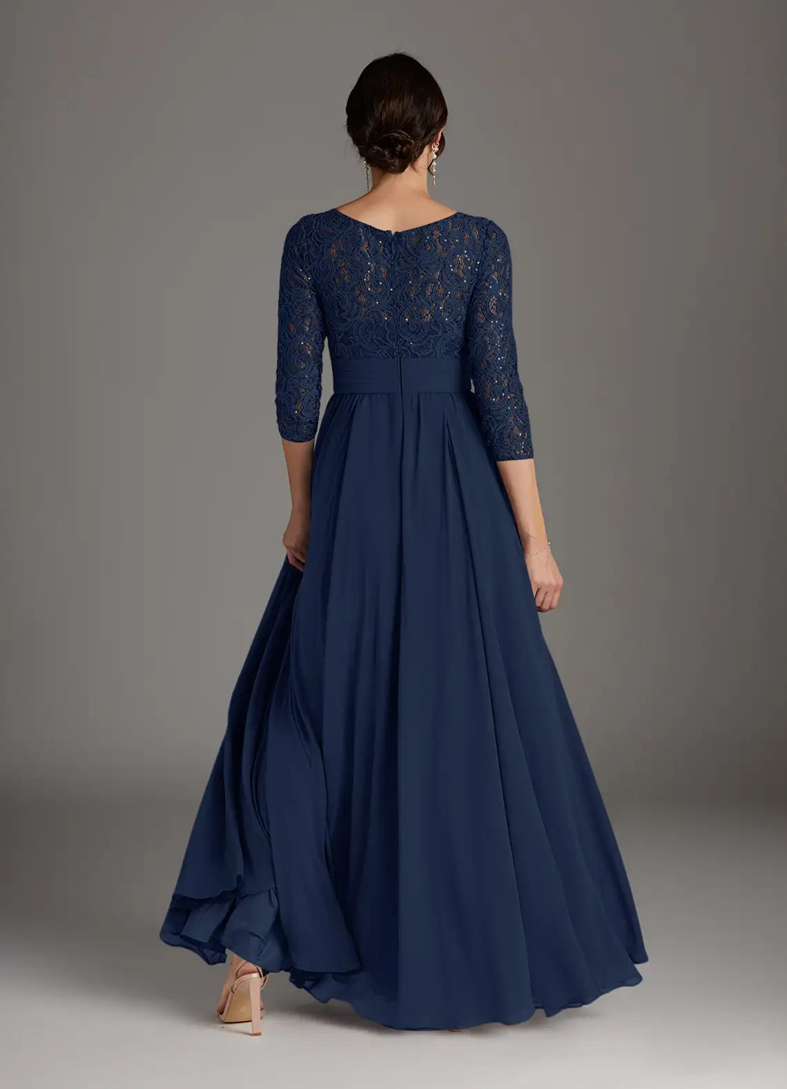 Elegant Dark Navy A-Line Sequins Scoop Neck Three-Quarter Sleeve Back Zip  Floor-Length Mother of the Bride Dress hot sale