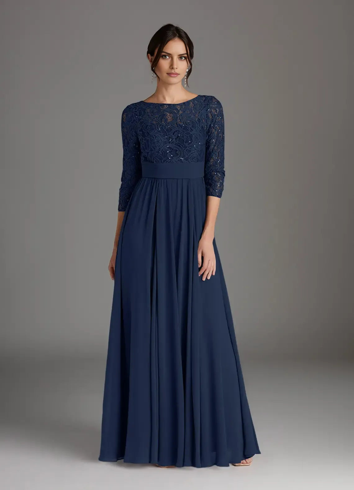 Elegant Dark Navy A-Line Sequins Scoop Neck Three-Quarter Sleeve Back Zip  Floor-Length Mother of the Bride Dress hot sale