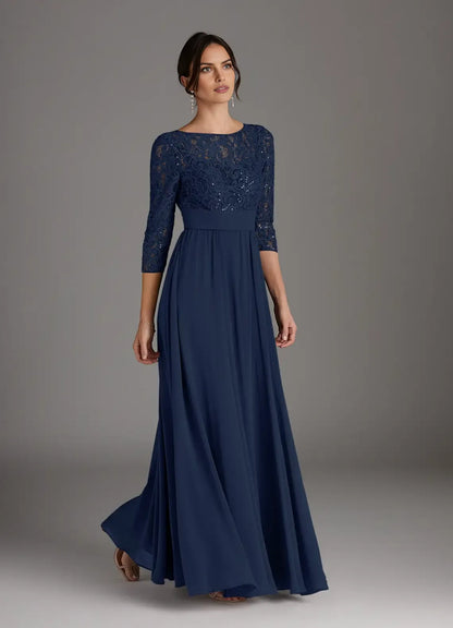 Elegant Dark Navy A-Line Sequins Scoop Neck Three-Quarter Sleeve Back Zip  Floor-Length Mother of the Bride Dress hot sale