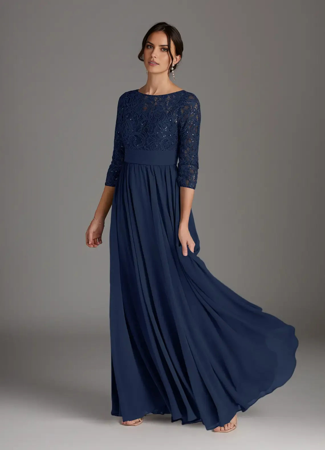 Elegant Dark Navy A-Line Sequins Scoop Neck Three-Quarter Sleeve Back Zip  Floor-Length Mother of the Bride Dress hot sale