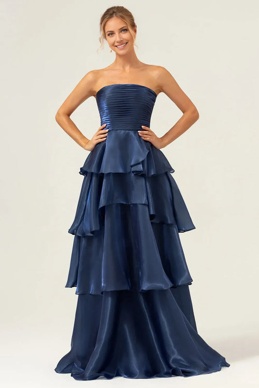 Elegant Dark Navy A Line Tiered Strapless Sleeveless Back Zip Floor-Length Prom Dress female guests hot sale