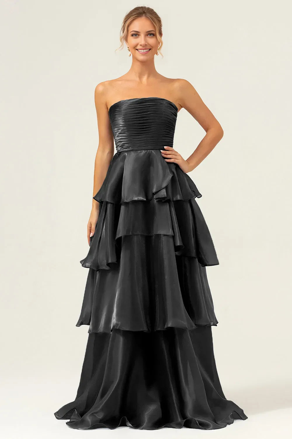 Elegant Dark Navy A Line Tiered Strapless Sleeveless Back Zip Floor-Length Prom Dress female guests hot sale