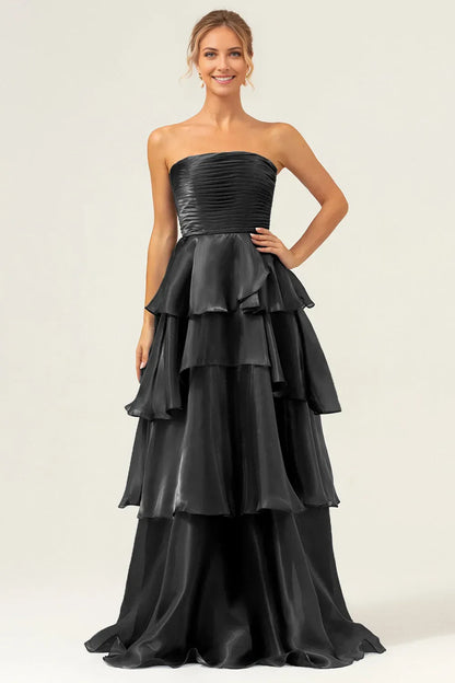 Elegant Dark Navy A Line Tiered Strapless Sleeveless Back Zip Floor-Length Prom Dress female guests hot sale