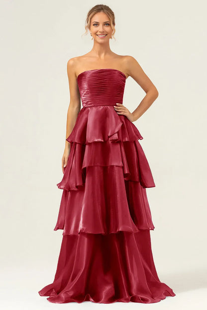 Elegant Dark Navy A Line Tiered Strapless Sleeveless Back Zip Floor-Length Prom Dress female guests hot sale