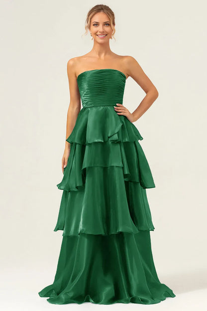 Elegant Dark Navy A Line Tiered Strapless Sleeveless Back Zip Floor-Length Prom Dress female guests hot sale