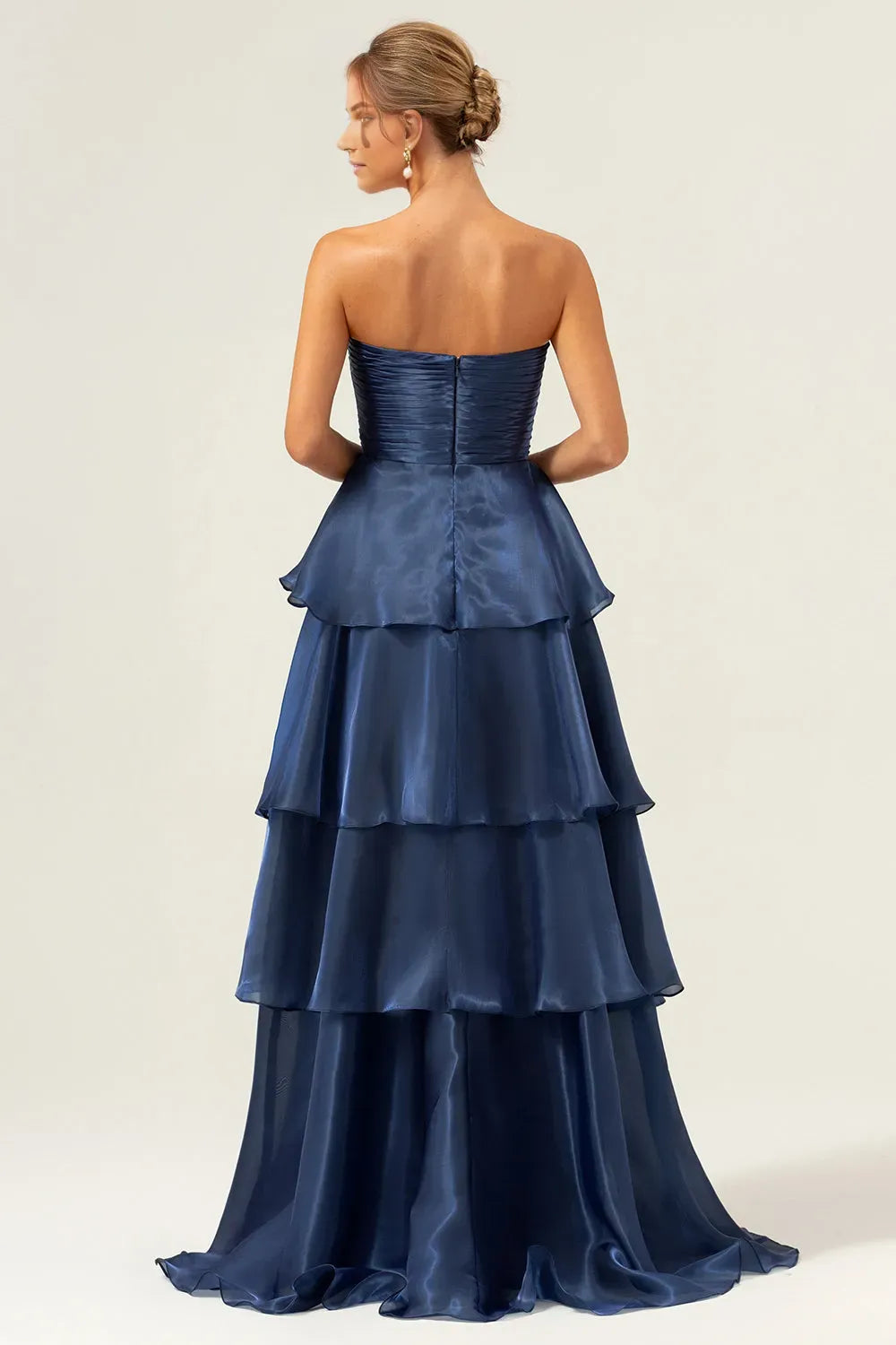Elegant Dark Navy A Line Tiered Strapless Sleeveless Back Zip Floor-Length Prom Dress female guests hot sale