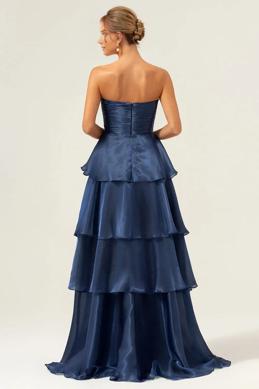 Elegant Dark Navy A Line Tiered Strapless Sleeveless Back Zip Floor-Length Prom Dress female guests hot sale