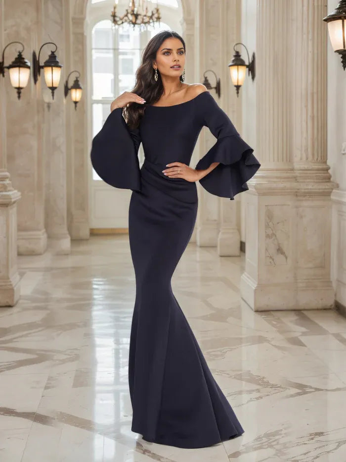 Elegant Dark Navy Mermaid Off the Shoulder Bell Sleeves Back Zip Floor-Length Mother of the Bride Dress ready to ship