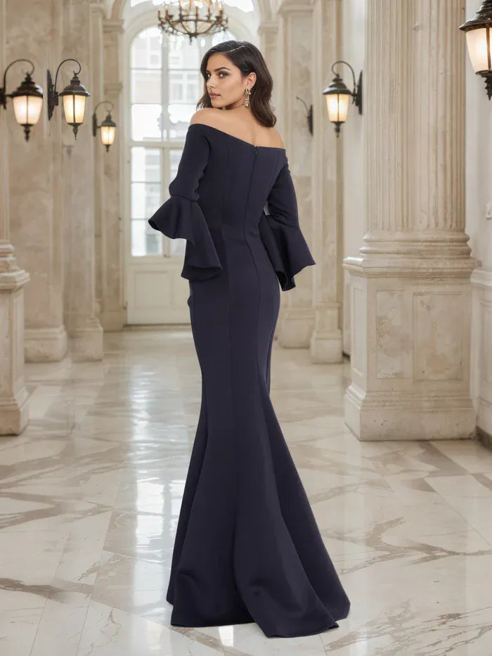 Elegant Dark Navy Mermaid Off the Shoulder Bell Sleeves Back Zip Floor-Length Mother of the Bride Dress ready to ship