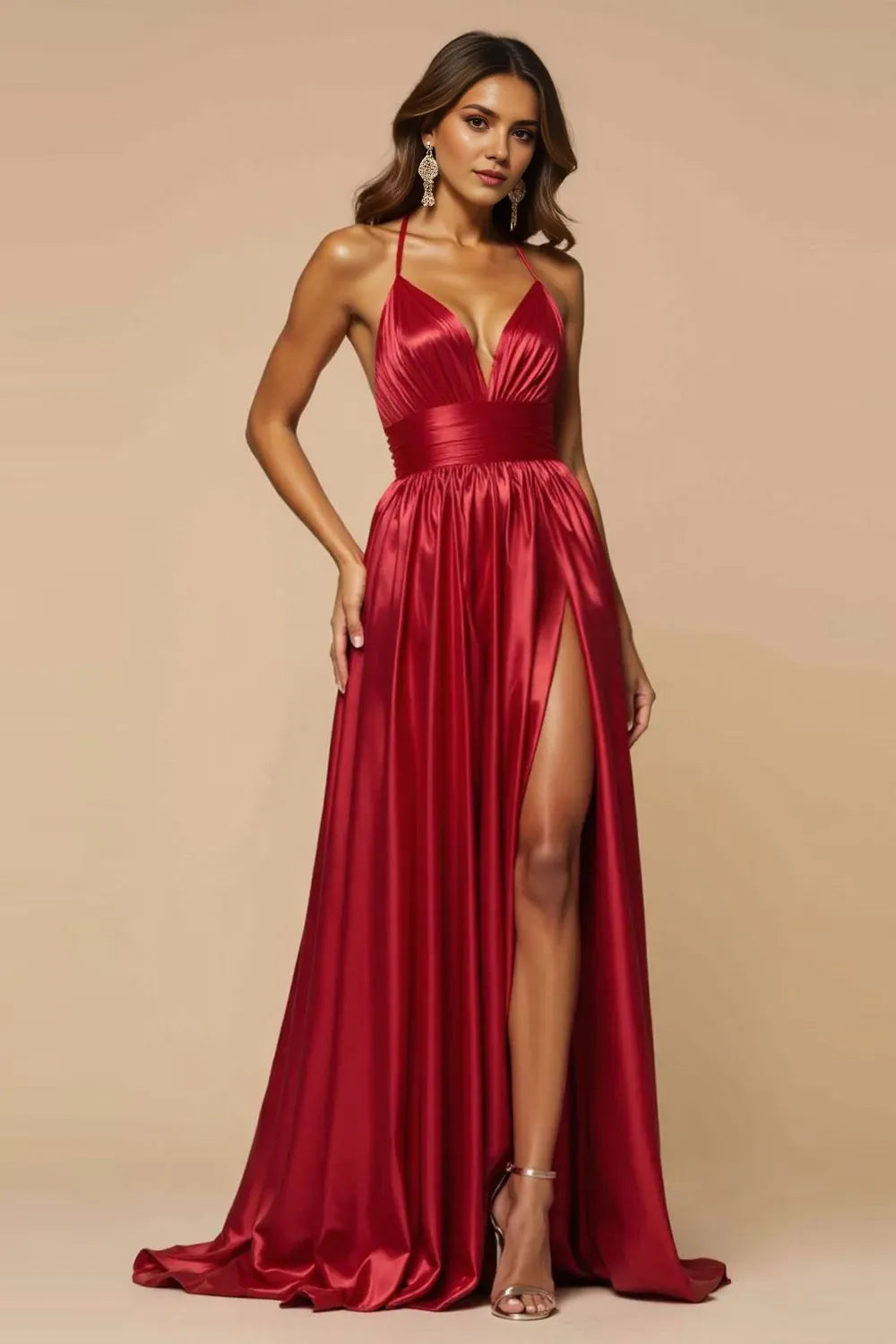 Elegant Dark Red A-Line V Neck Spaghetti Straps Backless Floor-Length Pleated Satin Prom Dress with Slit