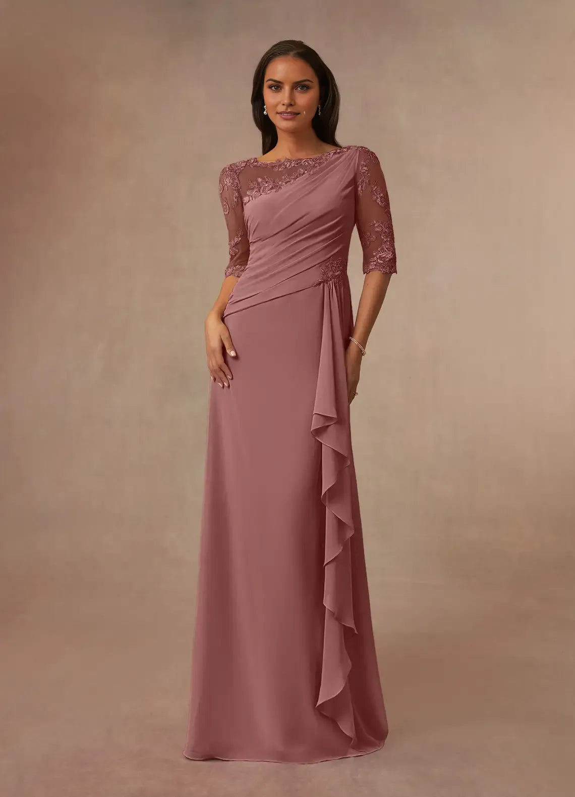 Elegant  Desert Rose A-Line Boat neck 1/2 Sleeve V back Back Zip Floor-Length Mother of the Bride Dress for ladies for sale