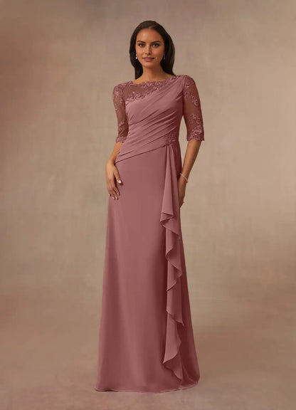 Elegant  Desert Rose A-Line Boat neck 1/2 Sleeve V back Back Zip Floor-Length Mother of the Bride Dress for ladies for sale