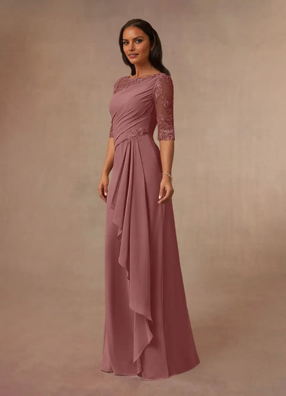 Elegant  Desert Rose A-Line Boat neck 1/2 Sleeve V back Back Zip Floor-Length Mother of the Bride Dress for ladies for sale