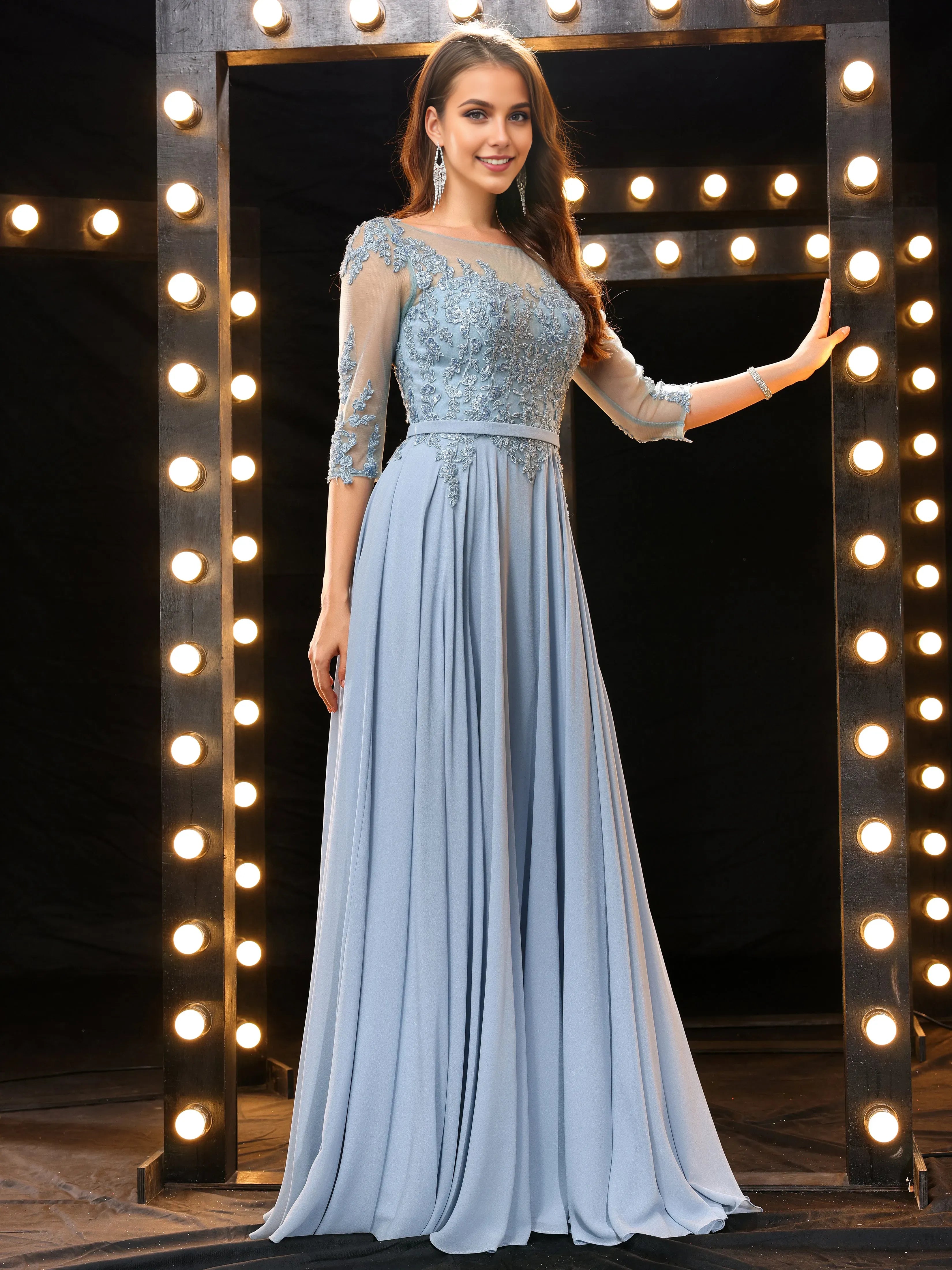 Elegant Dusty Blue A-Line Boat Neck Half Sleeves Chiffon Lace Back Zip Floor-Length Prom Dress