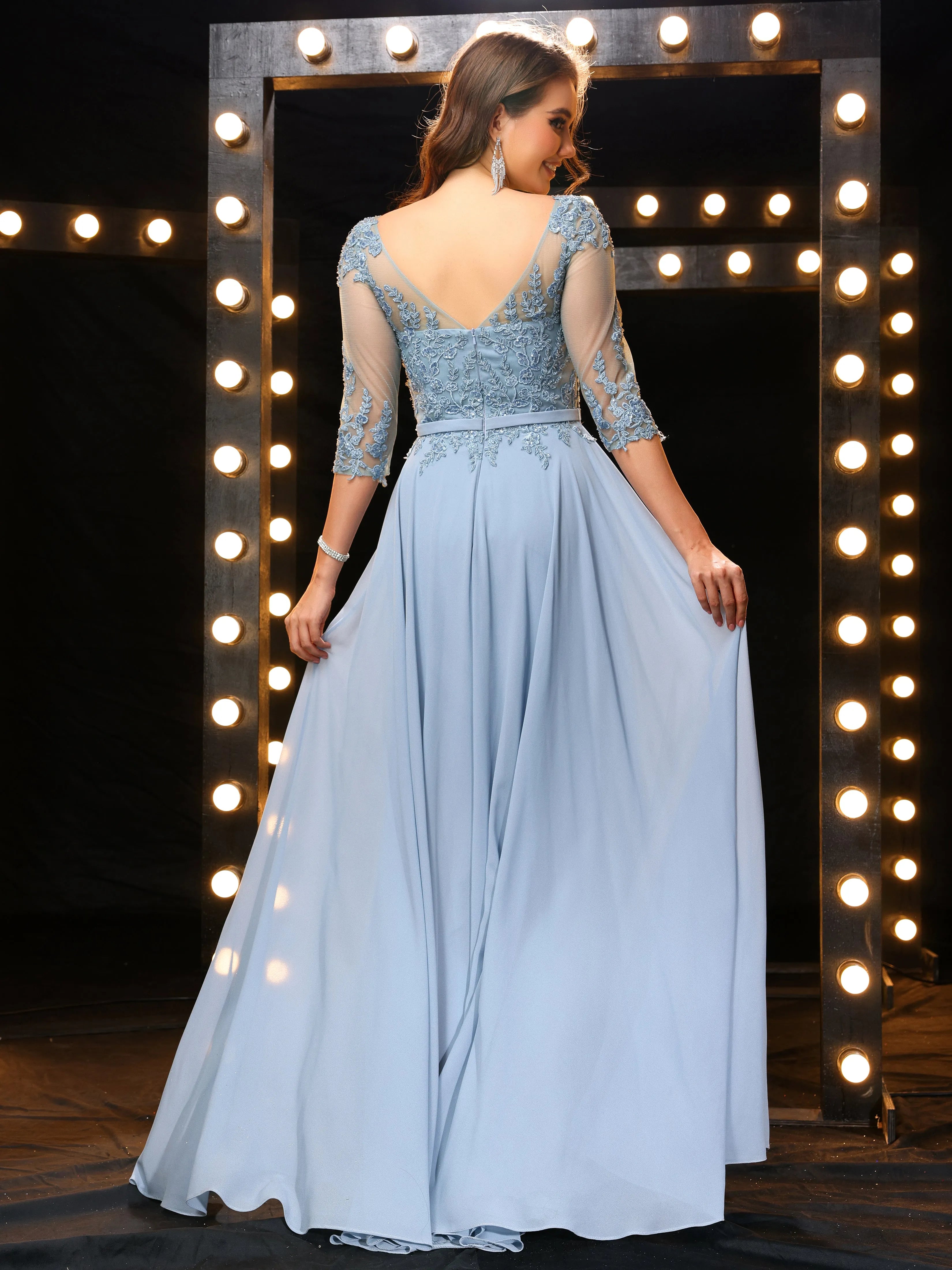 Elegant Dusty Blue A-Line Boat Neck Half Sleeves Chiffon Lace Back Zip Floor-Length Prom Dress