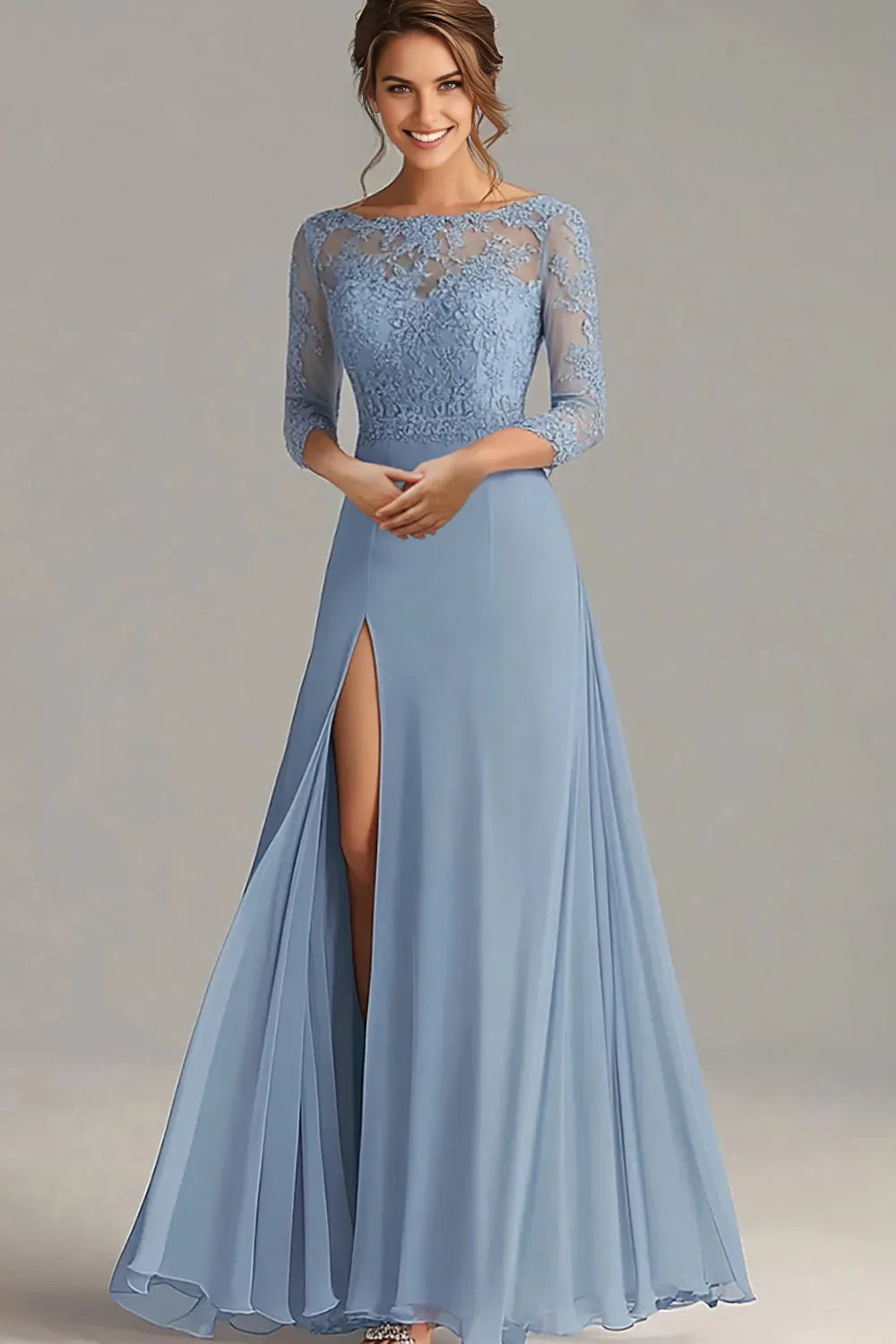 Elegant Dusty Blue A-Line Boat Neck Three-Quarter Sleeve Applique Floor-Length Mother of the Bride Dress with Slit