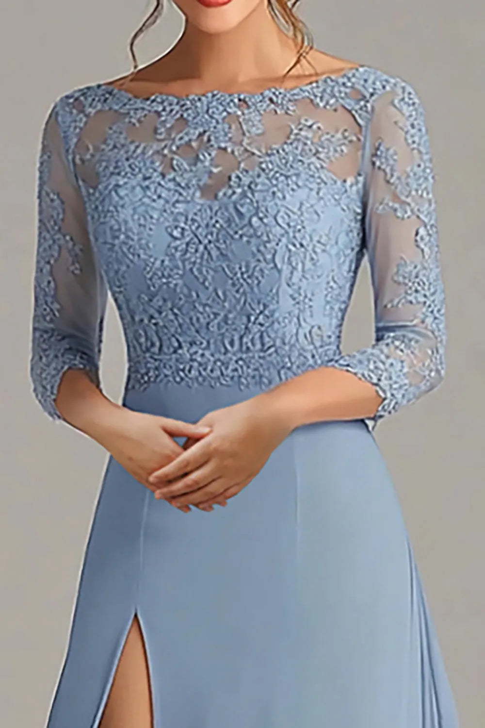 Elegant Dusty Blue A-Line Boat Neck Three-Quarter Sleeve Applique Floor-Length Mother of the Bride Dress with Slit