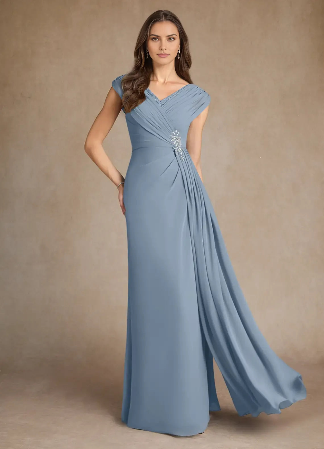 Elegant Dusty Blue A-Line V-Neck Cap Sleeves Back Zip Floor-Length Side Leg Slit Mother of the Bride Dress ready to ship