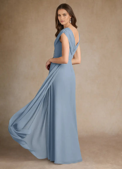 Elegant Dusty Blue A-Line V-Neck Cap Sleeves Back Zip Floor-Length Side Leg Slit Mother of the Bride Dress ready to ship