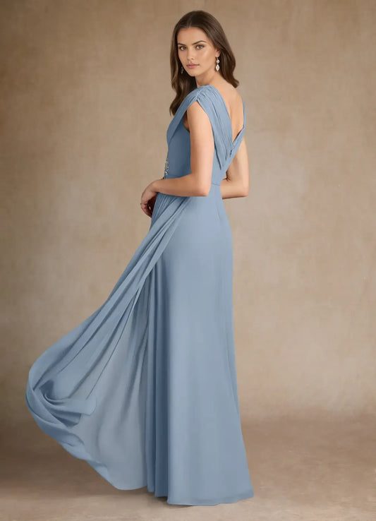 Elegant Dusty Blue A-Line V-Neck Cap Sleeves Back Zip Floor-Length Side Leg Slit Mother of the Bride Dress ready to ship