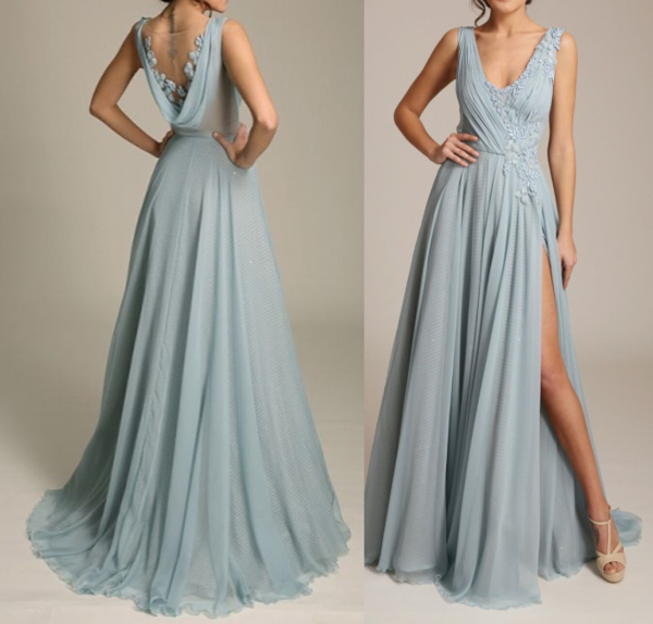 Elegant Dusty Blue Chiffon V-Neck Floral Applique Open Back High Slit Maxi Evening Dresses