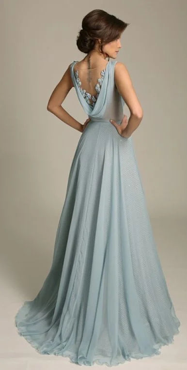 Elegant Dusty Blue Chiffon V-Neck Floral Applique Open Back High Slit Maxi Evening Dresses