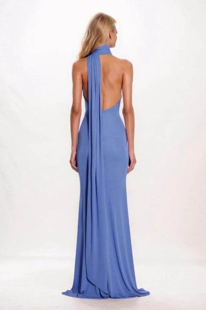 Elegant Dusty Blue Mermaid Halter-Neck Sleeveless Backless Floor-Length Ruched Prom Dress
