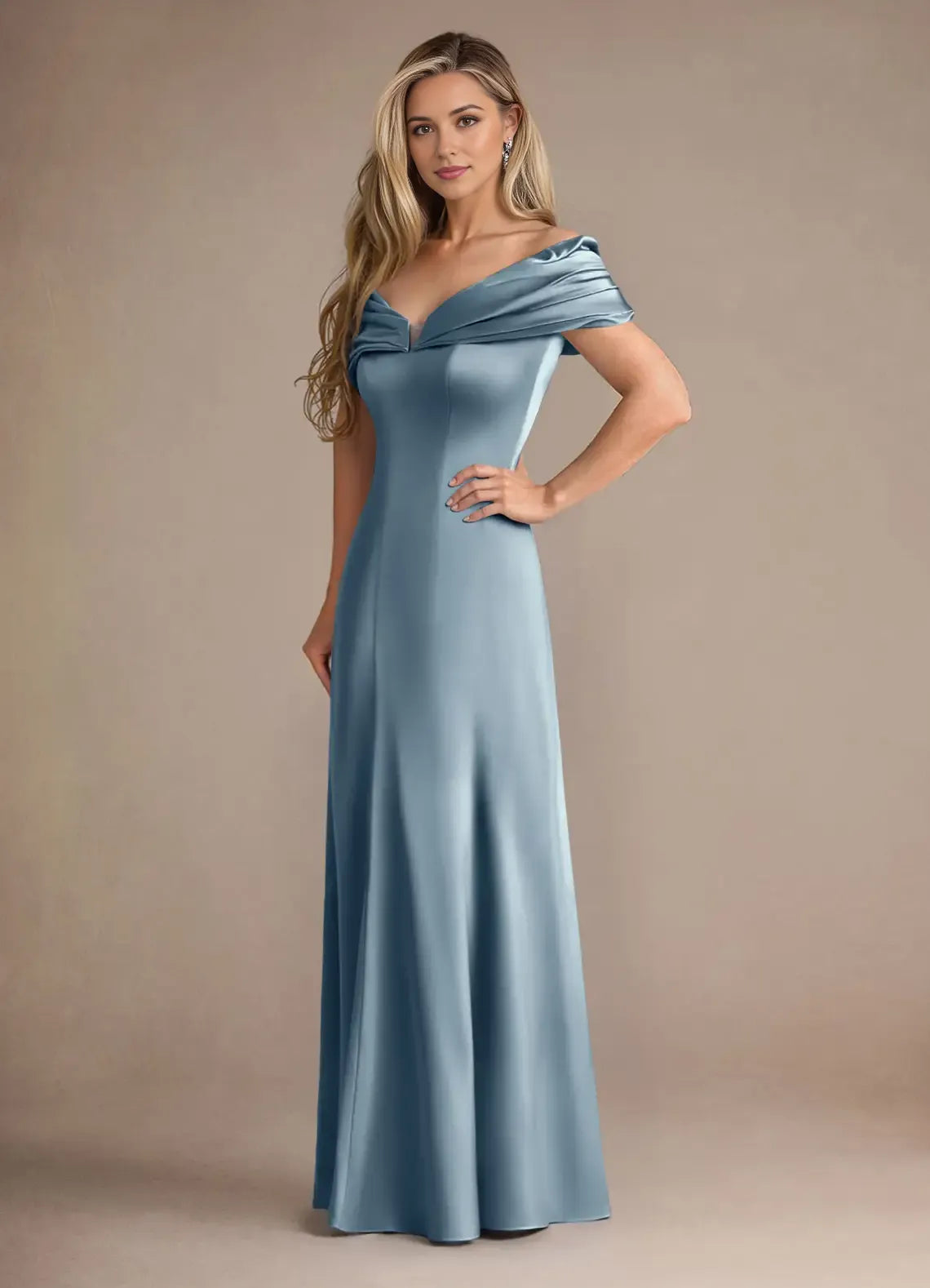 Elegant Dusty Blue Mermaid V-Neck Cold Shoulder Sleeve Back Zip Floor-Length  Mother of the Bride Dress for women for sale