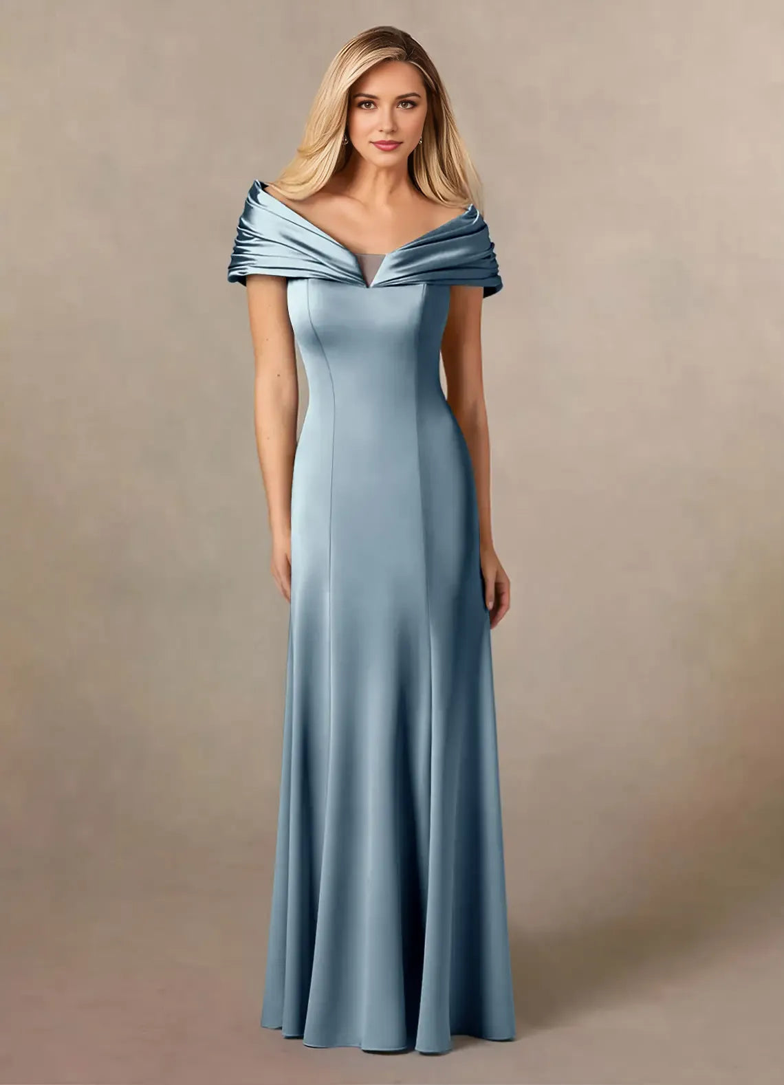 Elegant Dusty Blue Mermaid V-Neck Cold Shoulder Sleeve Back Zip Floor-Length  Mother of the Bride Dress for women for sale