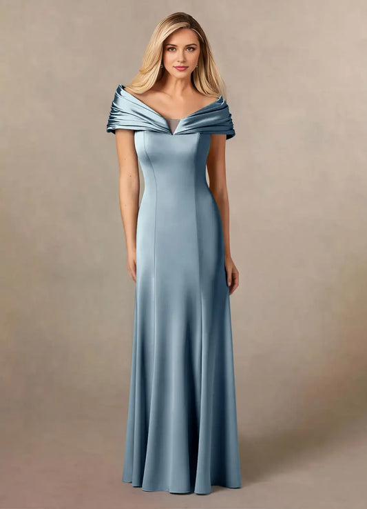 Elegant Dusty Blue Mermaid V-Neck Cold Shoulder Sleeve Back Zip Floor-Length  Mother of the Bride Dress for women for sale