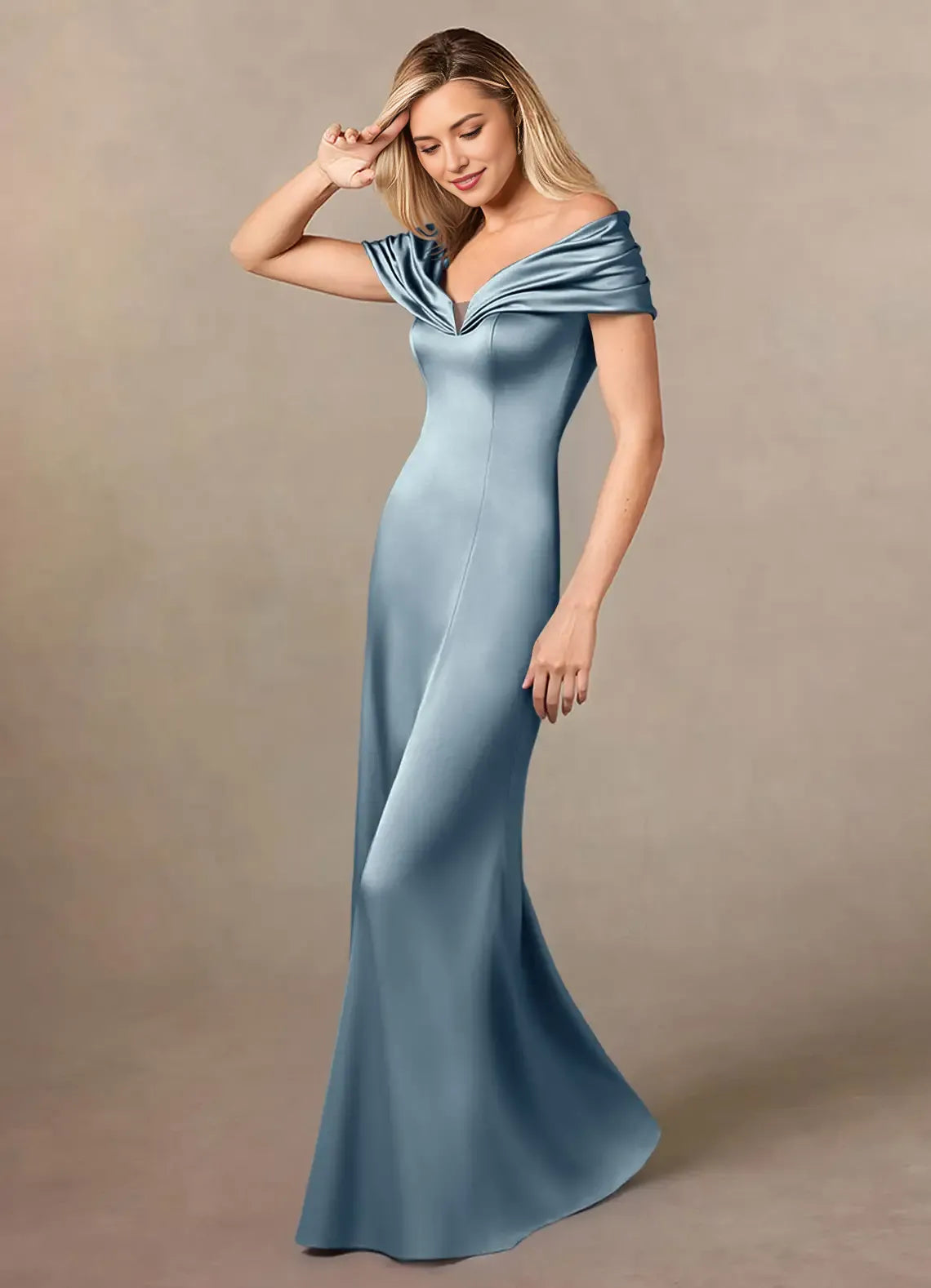 Elegant Dusty Blue Mermaid V-Neck Cold Shoulder Sleeve Back Zip Floor-Length  Mother of the Bride Dress for women for sale