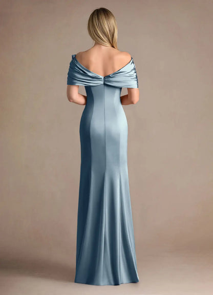 Elegant Dusty Blue Mermaid V-Neck Cold Shoulder Sleeve Back Zip Floor-Length  Mother of the Bride Dress for women for sale