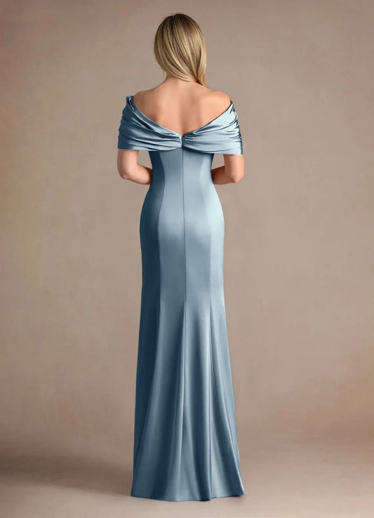 Elegant Dusty Blue Mermaid V-Neck Cold Shoulder Sleeve Back Zip Floor-Length  Mother of the Bride Dress for women for sale