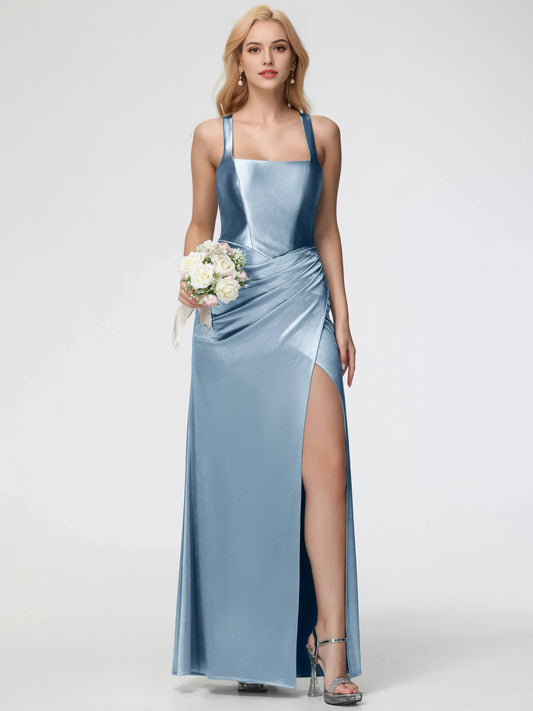 Elegant Dusty Blue Satin Prom Dress with Square Neckline Draped Detail and High Side Slit  With Slit