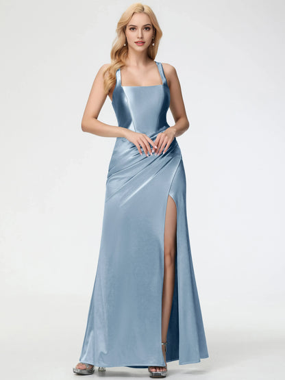 Elegant Dusty Blue Satin Prom Dress with Square Neckline Draped Detail and High Side Slit  With Slit