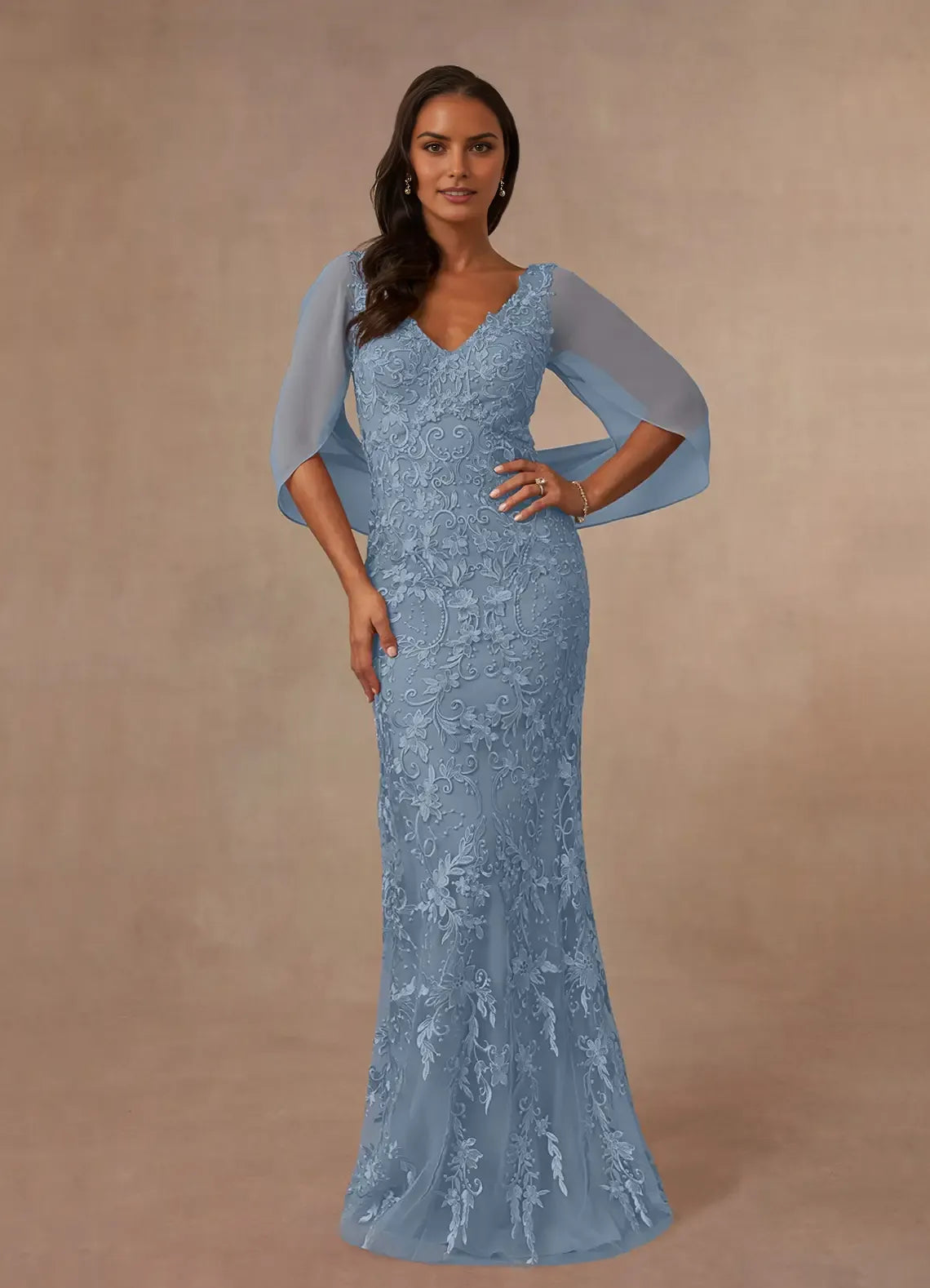 Elegant Dusty Blue Sheath V-Neck Three-Quarter Sleeve V back Back Zip Floor-Length Mother of the Bride Dress female guests for sale