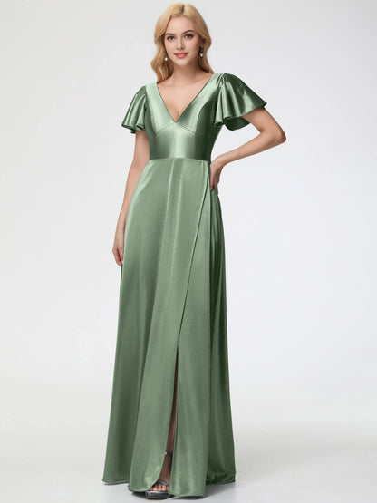 Elegant Dusty Green Satin Prom Dress Deep V-Neck Short Sleeves with Flutter Deep and Side Slit for sale hot sale