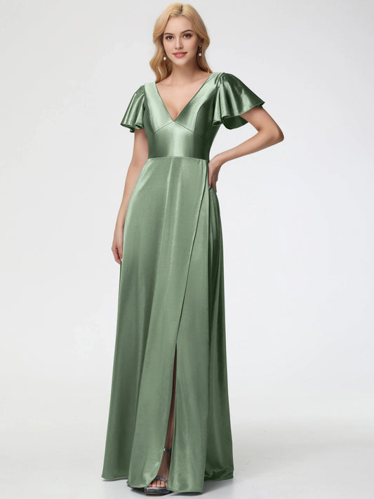 Elegant Dusty Green Satin Prom Dress Deep V-Neck Short Sleeves with Flutter Deep and Side Slit for sale hot sale