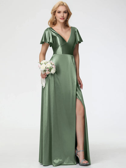 Elegant Dusty Green Satin Prom Dress Deep V-Neck Short Sleeves with Flutter Deep and Side Slit for sale hot sale