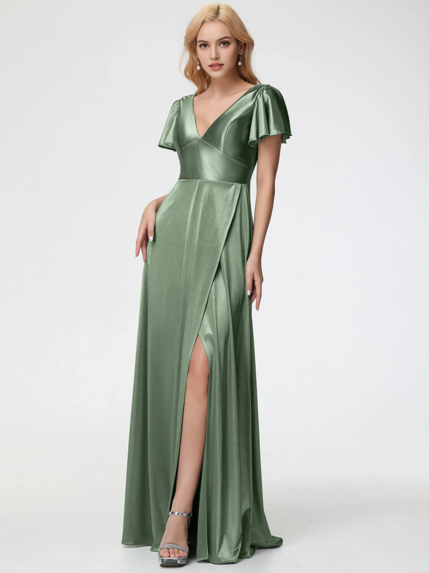 Elegant Dusty Green Satin Prom Dress Deep V-Neck Short Sleeves with Flutter Deep and Side Slit for sale hot sale