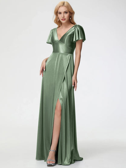 Elegant Dusty Green Satin Prom Dress Deep V-Neck Short Sleeves with Flutter Deep and Side Slit for sale hot sale