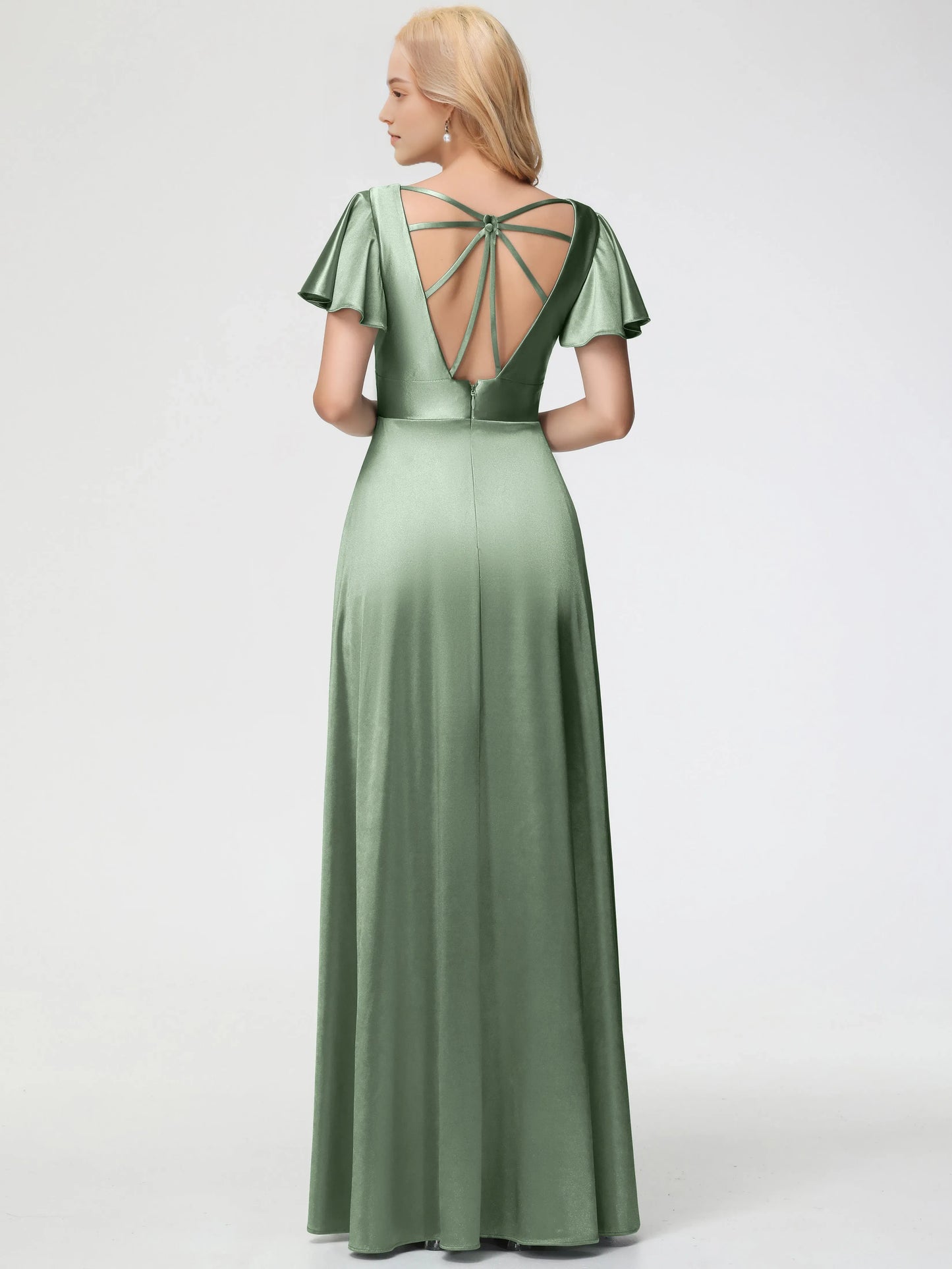 Elegant Dusty Green Satin Prom Dress Deep V-Neck Short Sleeves with Flutter Deep and Side Slit for sale hot sale