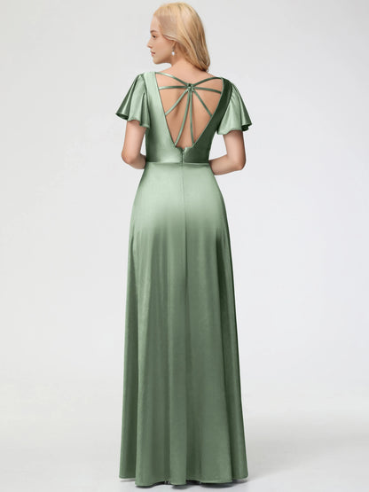 Elegant Dusty Green Satin Prom Dress Deep V-Neck Short Sleeves with Flutter Deep and Side Slit for sale hot sale