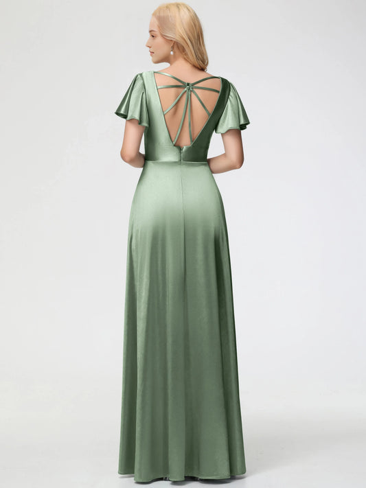 Elegant Dusty Green Satin Prom Dress Deep V-Neck Short Sleeves with Flutter Deep and Side Slit for sale hot sale
