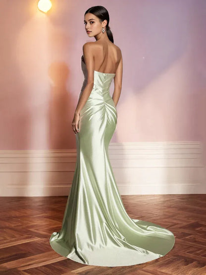 Elegant Dusty Satin Strapless Prom Dresses with Draped Design and High Side Slit Strapless Trumpet/Mermaid Long With Slit