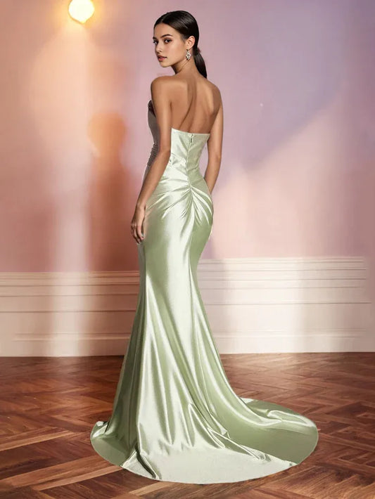 Elegant Dusty Satin Strapless Prom Dresses with Draped Design and High Side Slit Strapless Trumpet/Mermaid Long With Slit