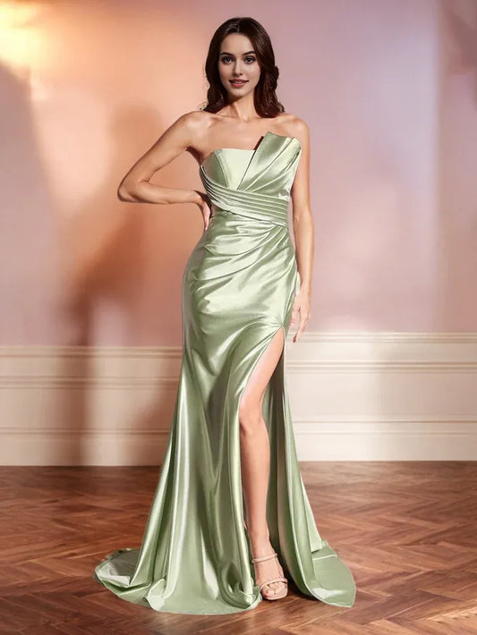 Elegant Dusty Satin Strapless Prom Dresses with Draped Design and High Side Slit Strapless Trumpet/Mermaid Long With Slit