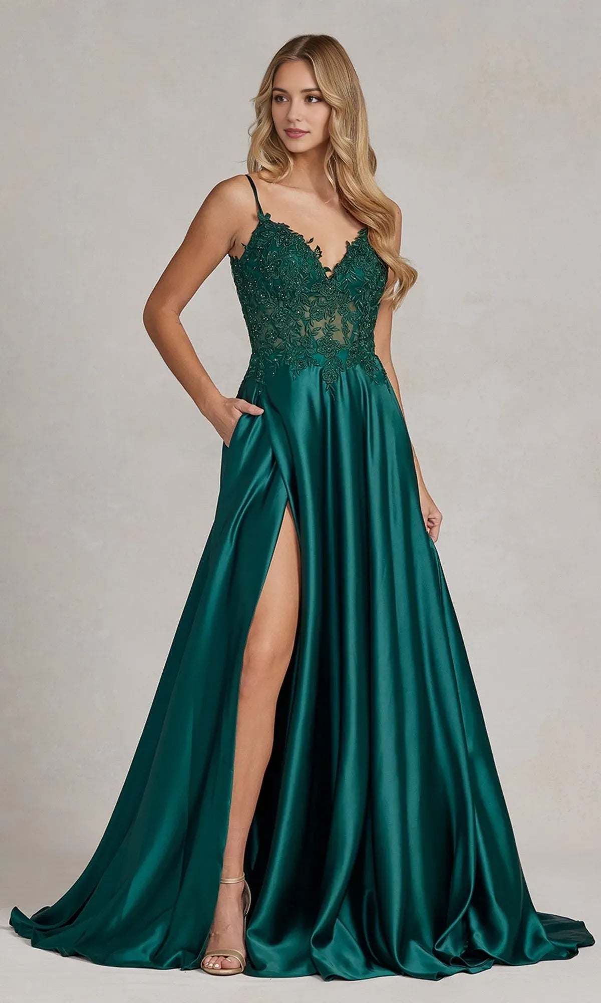 Elegant Emerald A-Line V-Neck Sleeveless Back Zip Floor-Length Beaded Satin High Slit Prom Dress with Sheer-Lace Bodice